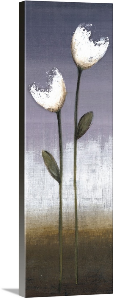 A long vertical painting of two white flowers on a long stem with a textured neutral background.
