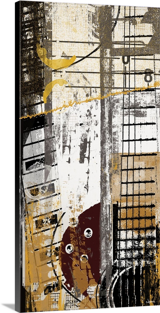 A vertical digital composite of a guitar with textured elements overlapping.