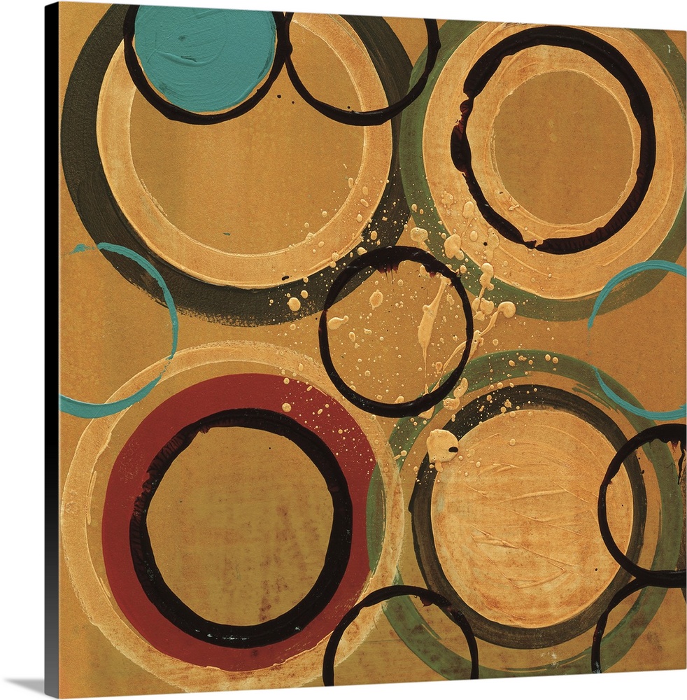 Circular shapes in multiple rings of colors with a splatter of gold paint in the center.
