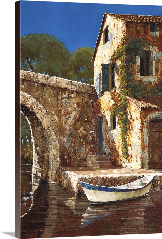 Painting of a small boat docked by a stone house with vines in Europe.