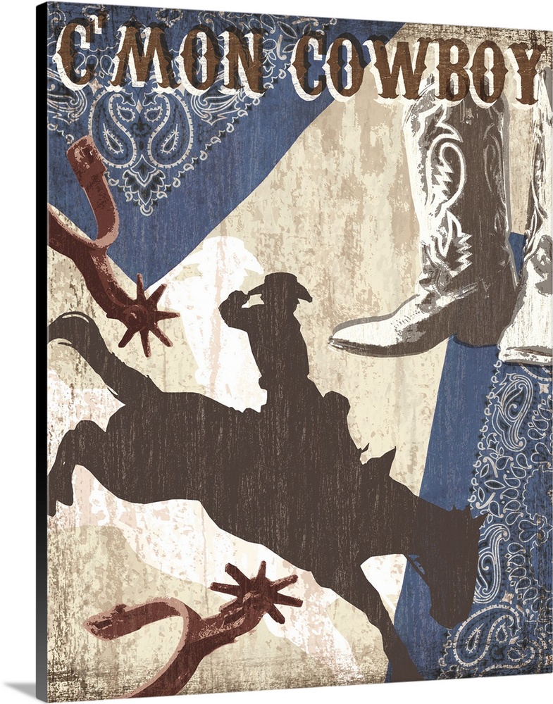 "C'Mon Cowboy" artwork with cowboy boots, spurs, bandana and a man riding a horse.