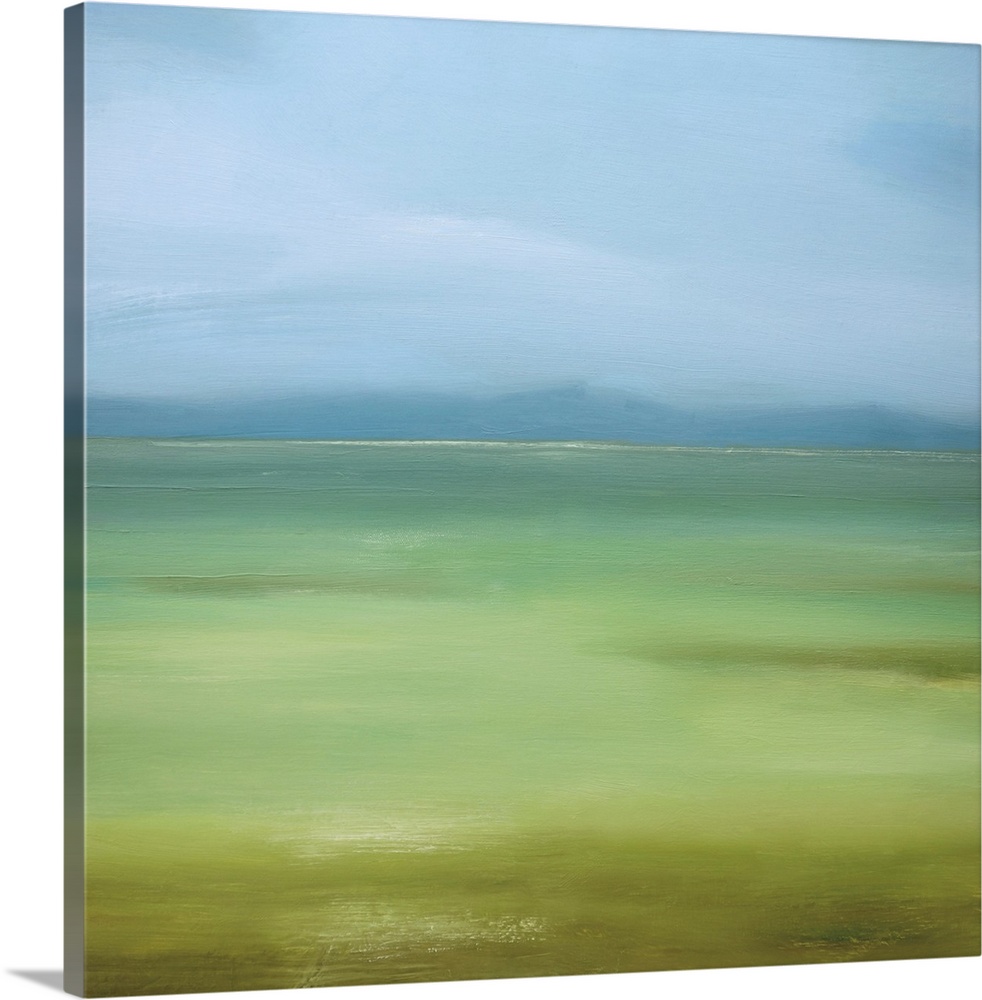 Square painting of a landscape of green grass and blue skies.