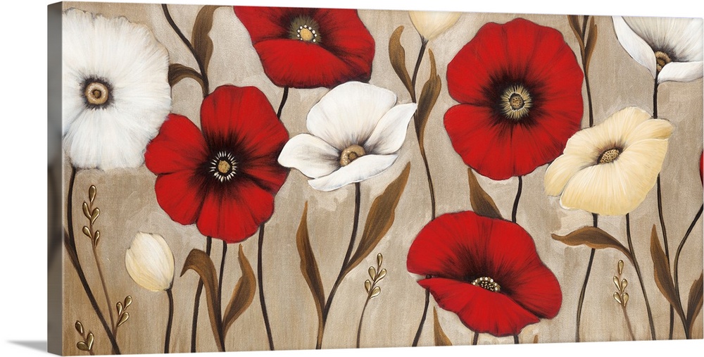 Contemporary painting of a group of red, white and yellow flowers against a neutral backdrop.