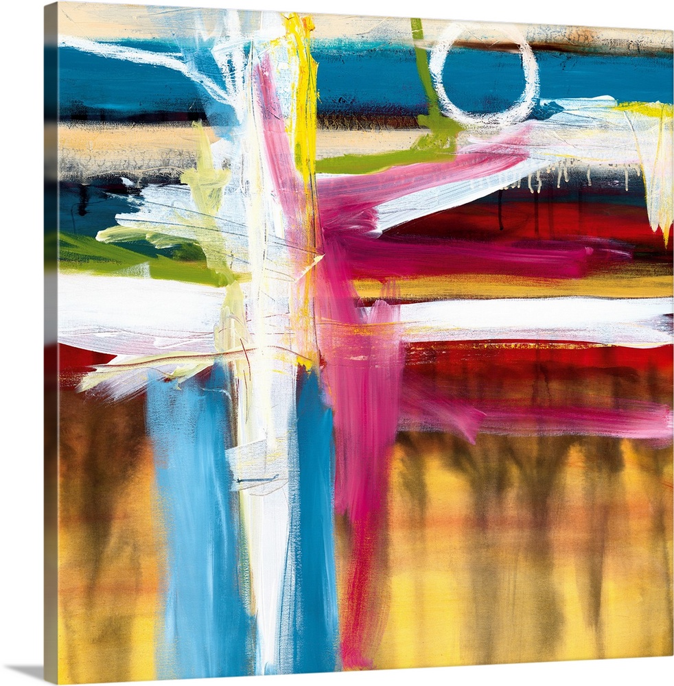 Abstract painting in vibrant colors of yellow, blue and red with bold vertical and horizontal brush strokes.