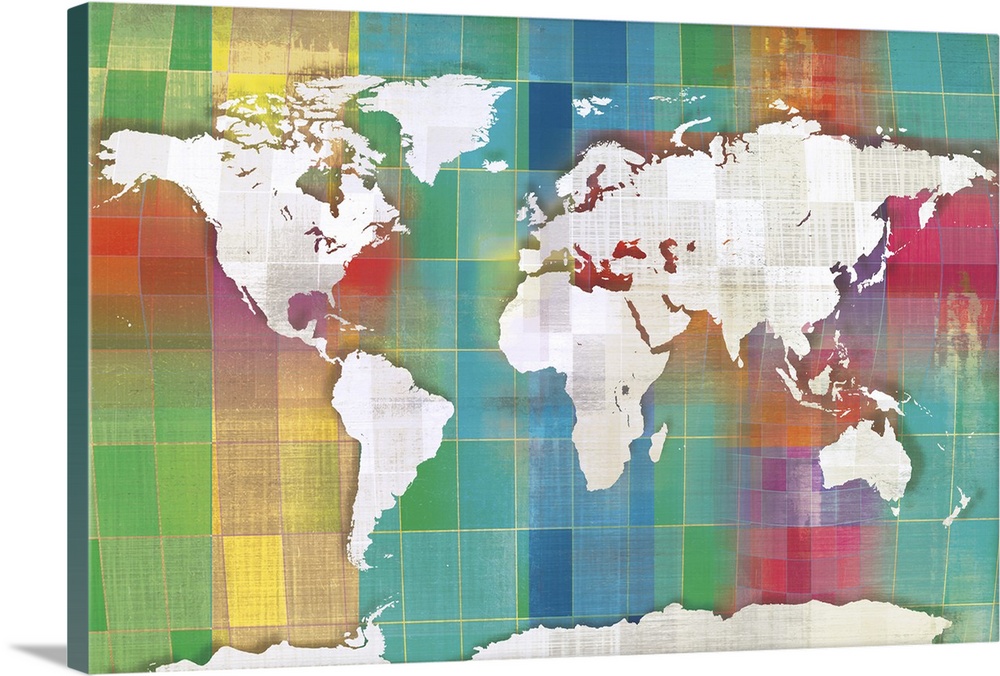 A world map in beige and white checkers with multi-colors squares for the water.