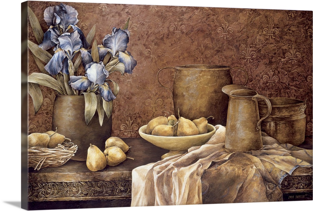 Still life painting of an arrangement of vases and fruit.