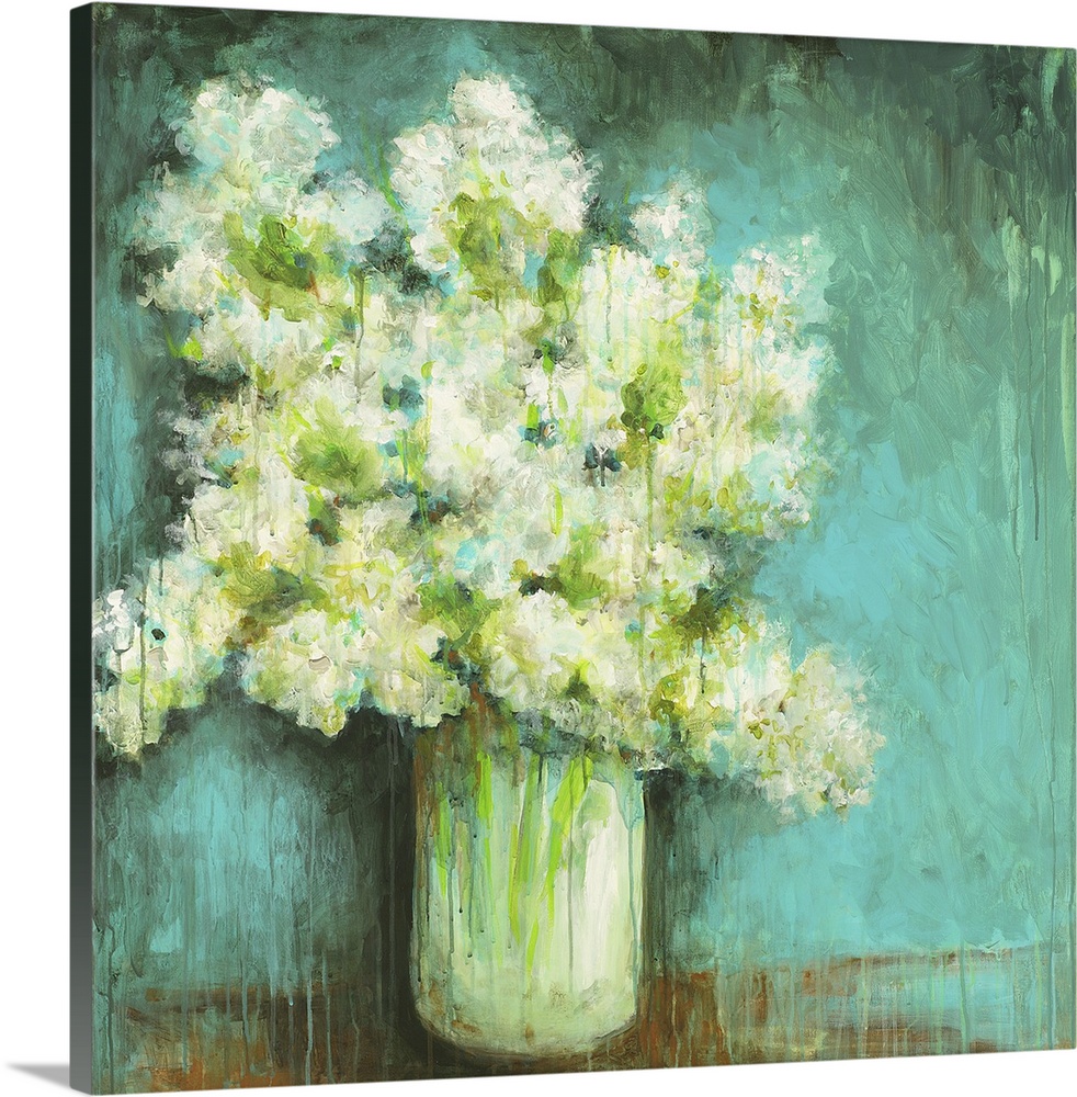 Square painting of a large vase full of hydrangeas in white and green done in streaks and textures of paint.
