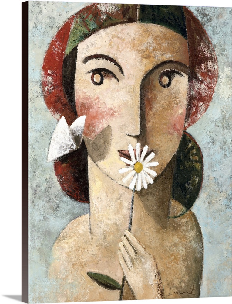 A vertical portrait of a woman holding a daisy while a white butterfly passes by, painted in a cubism style.