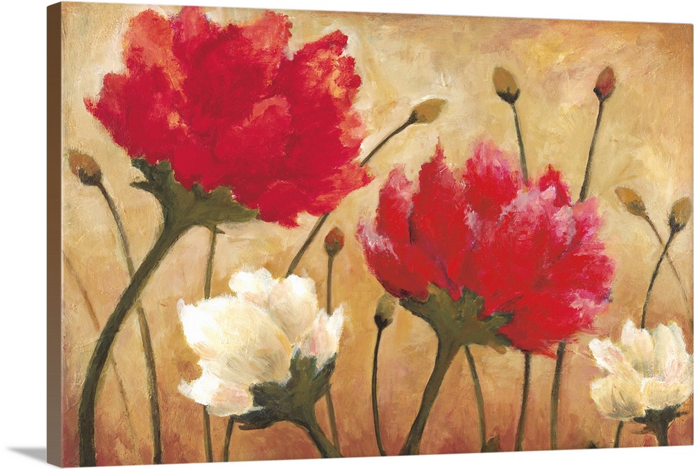 A horizontal contemporary painting of white and red flowers against a warm neutral background.