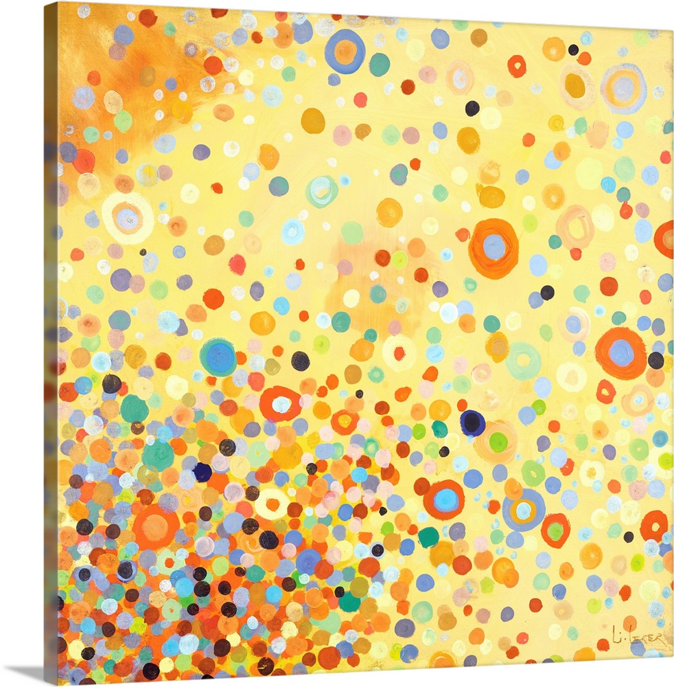 Square contemporary painting of multi-colored circles in bright colors with a yellow background.