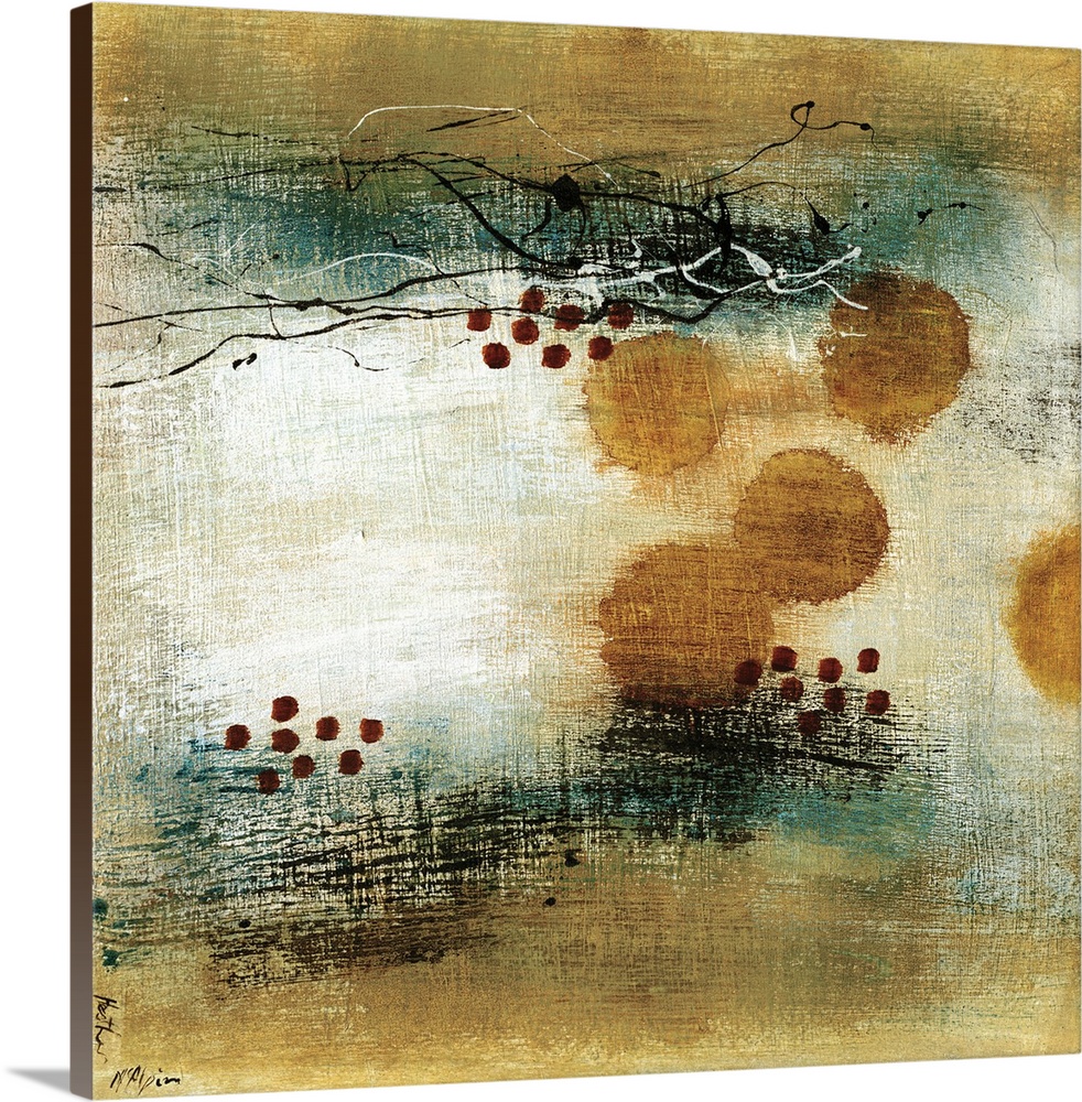 A square abstract of dots and fine lines of paint with a wide border on the top and bottom in earth tones colors.