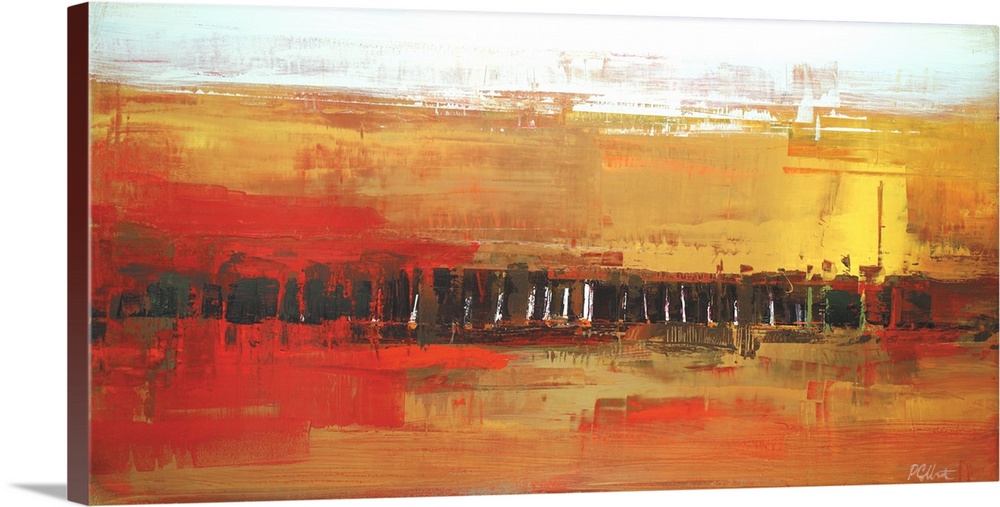 A horizontal abstract painting in vibrant textured colors of red, yellow and white.