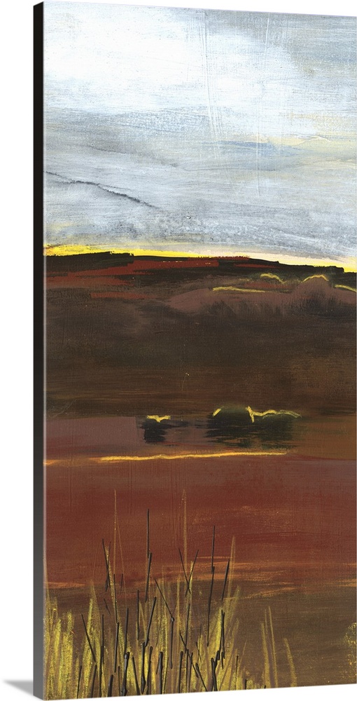 A long vertical painting of an abstract landscape of a prairie field in textured earth tones.