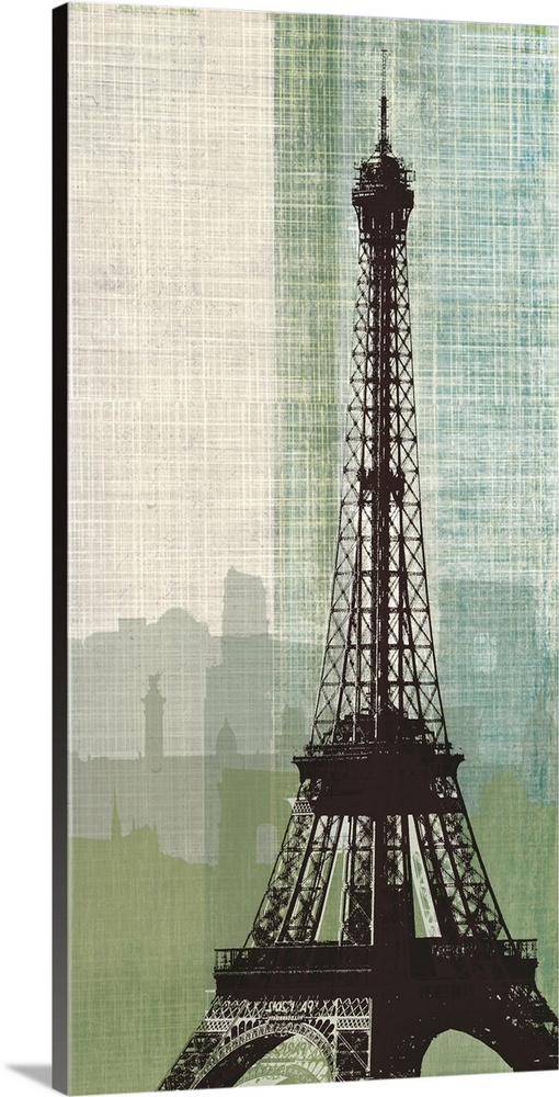 A vertical digital illustration of the Eiffel Tower with a city backdrop in a weaved textured effect in shades of green an...