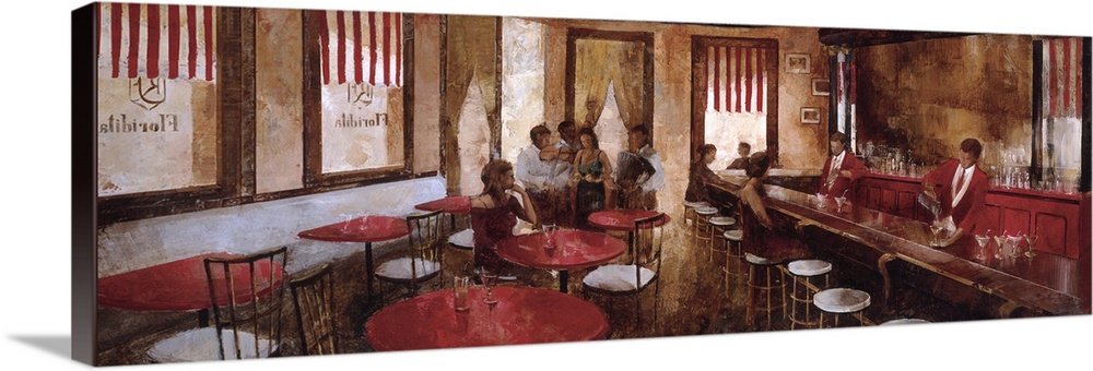 A panoramic painting of people enjoying an evening at a bar.