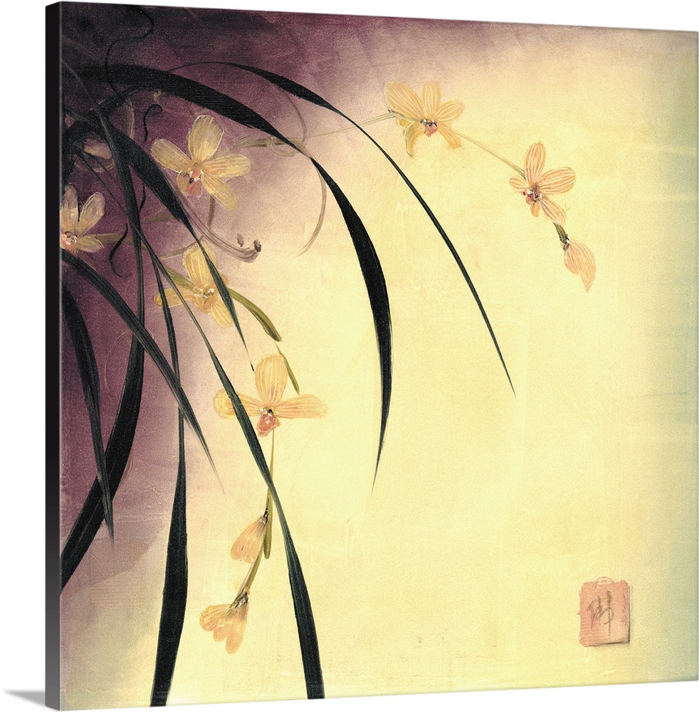 Square painting of yellow orchid plant against of yellow background.