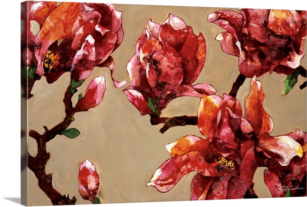 Contemporary painting of a group of red magnolias against a neutral backdrop.