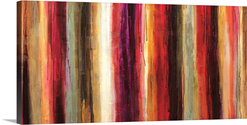 Contemporary painting of warm tones of red, purple and orange in vertical stripes and drips of paint.