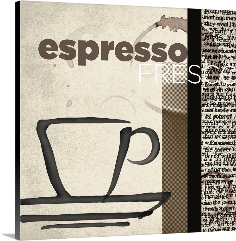 Decorative artwork of a cup and text on the side with "Espresso Fresco".