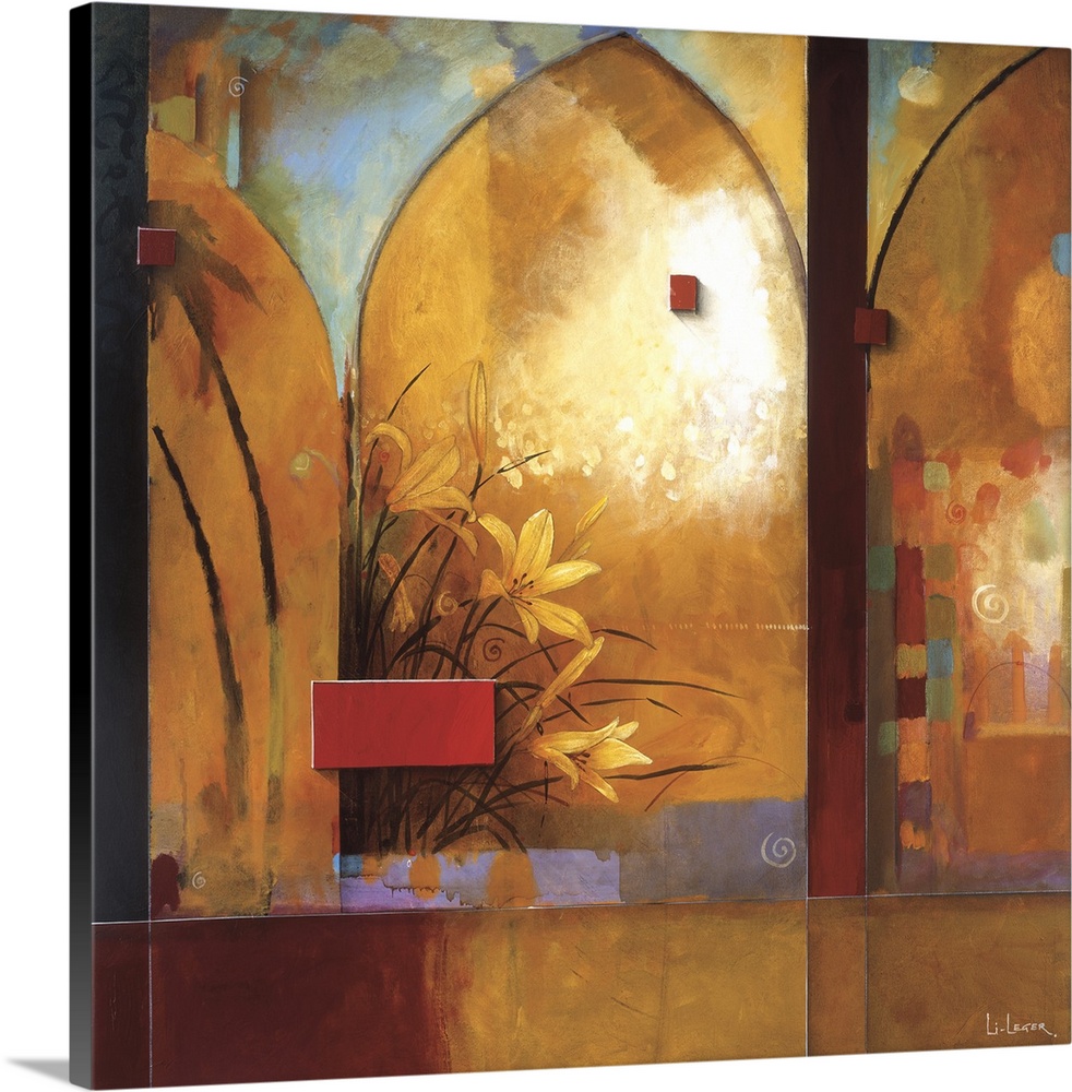 A contemporary painting of lilies in a arched window bordered with a square grid design.