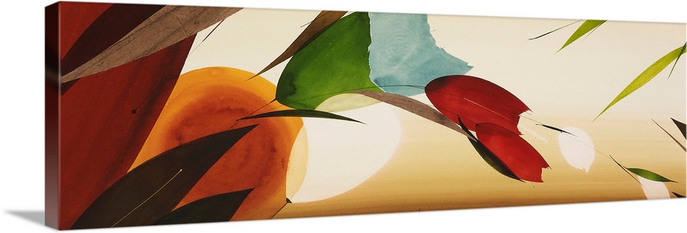 A long horizontal painting in a modern design of flowers in warm tones.