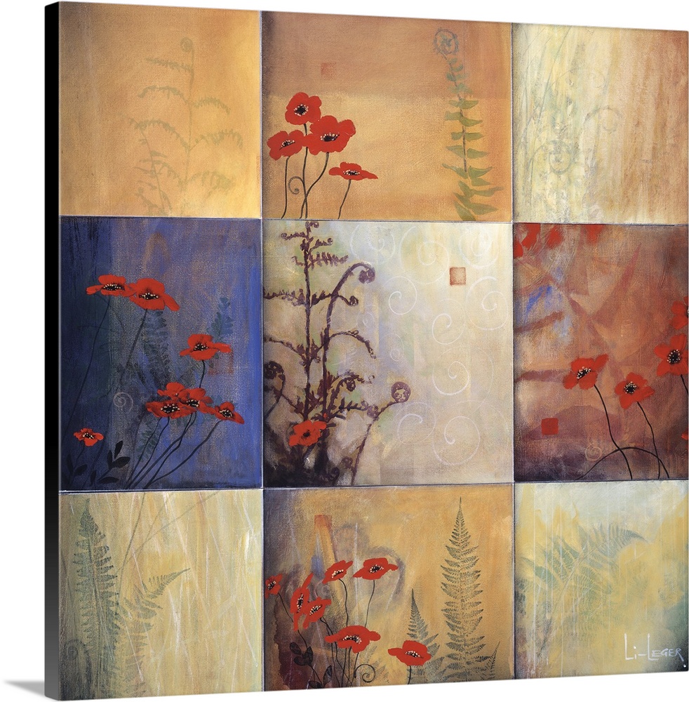 Square painting of nine images of ferns and flowers in different colors and views.