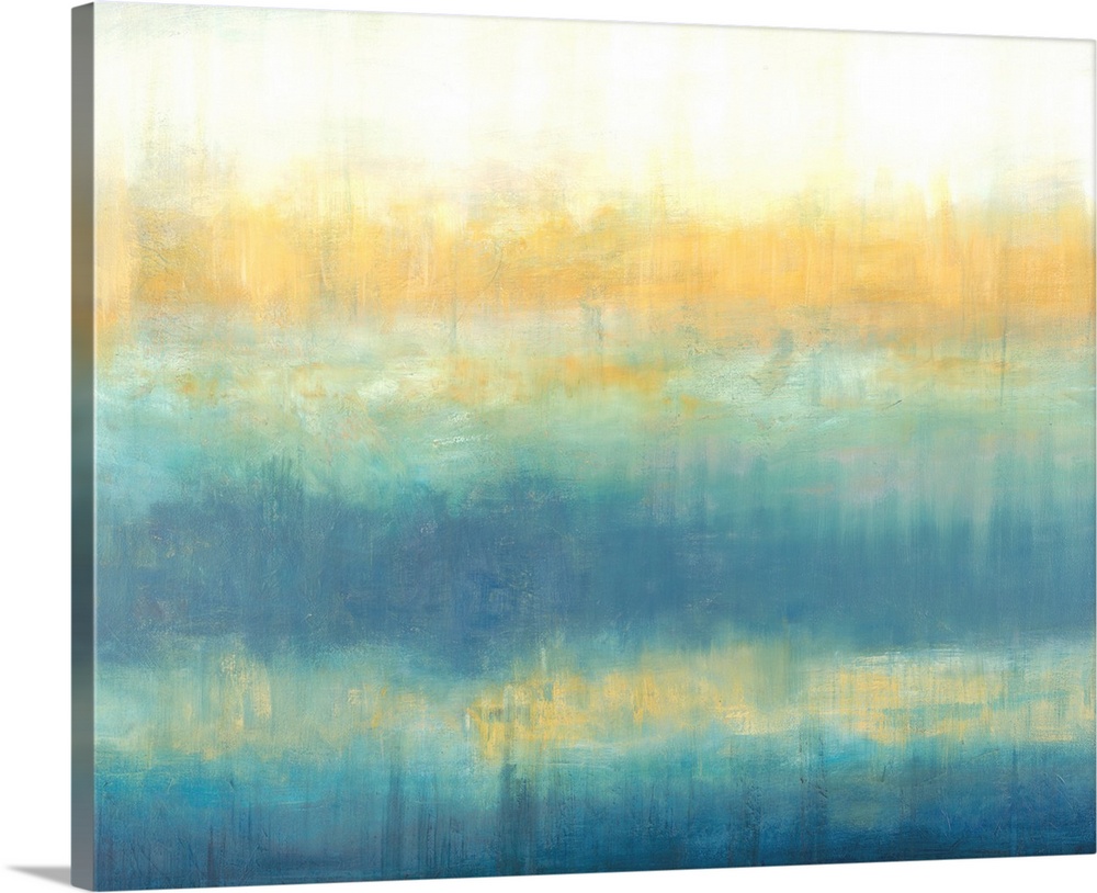 Abstract painting in textured colors of white, yellow and blue.