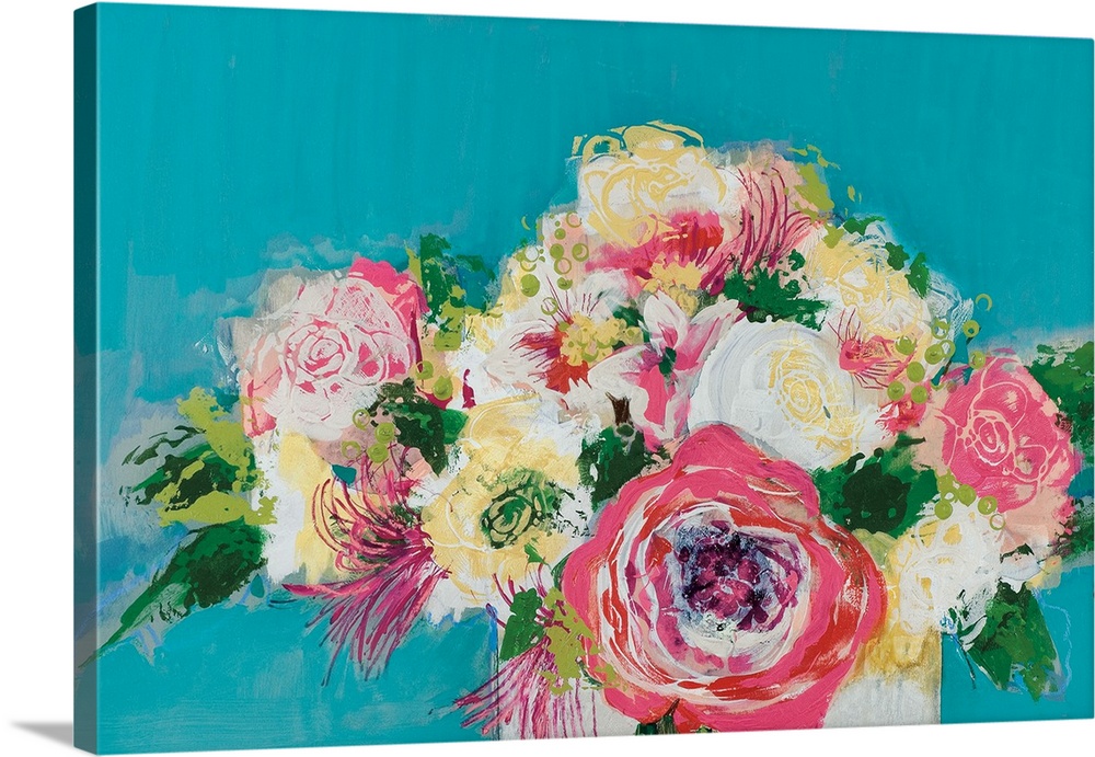 A modern horizontal painting of a vase of colorful pink, white, and yellow roses with a blue backdrop.