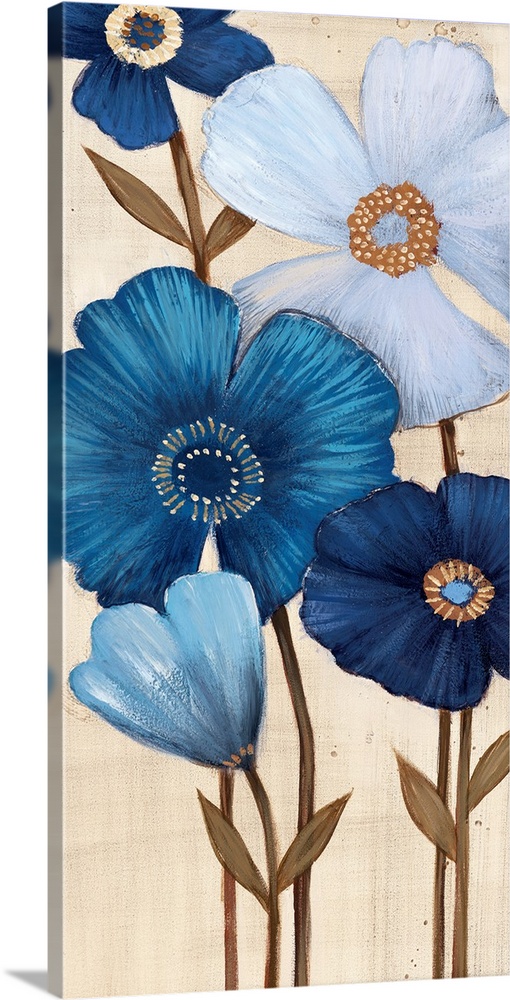 Vertical painting of a group of blue flowers against a neutral backdrop.