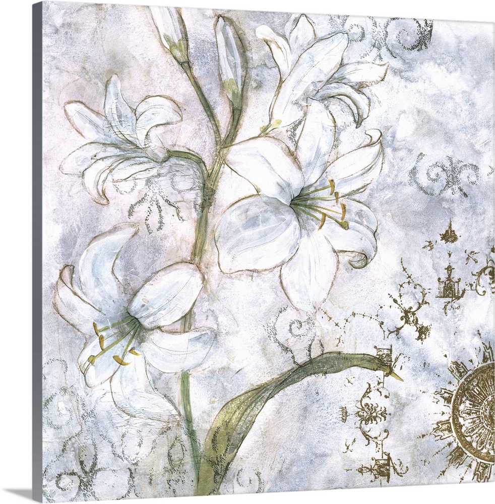 Contemporary artwork of a stem of white lilies with gold accents and a textured background.
