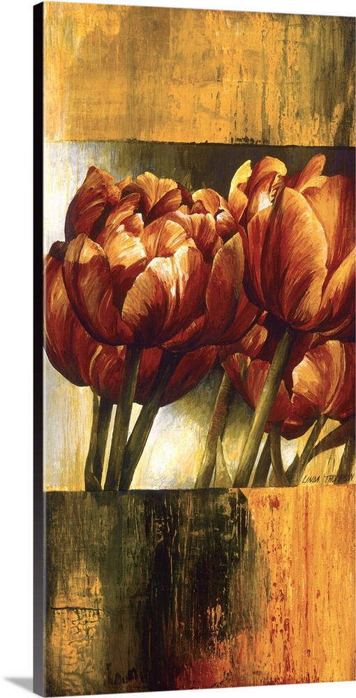 A long vertical design of red tulips edged with a textured orange and black border.