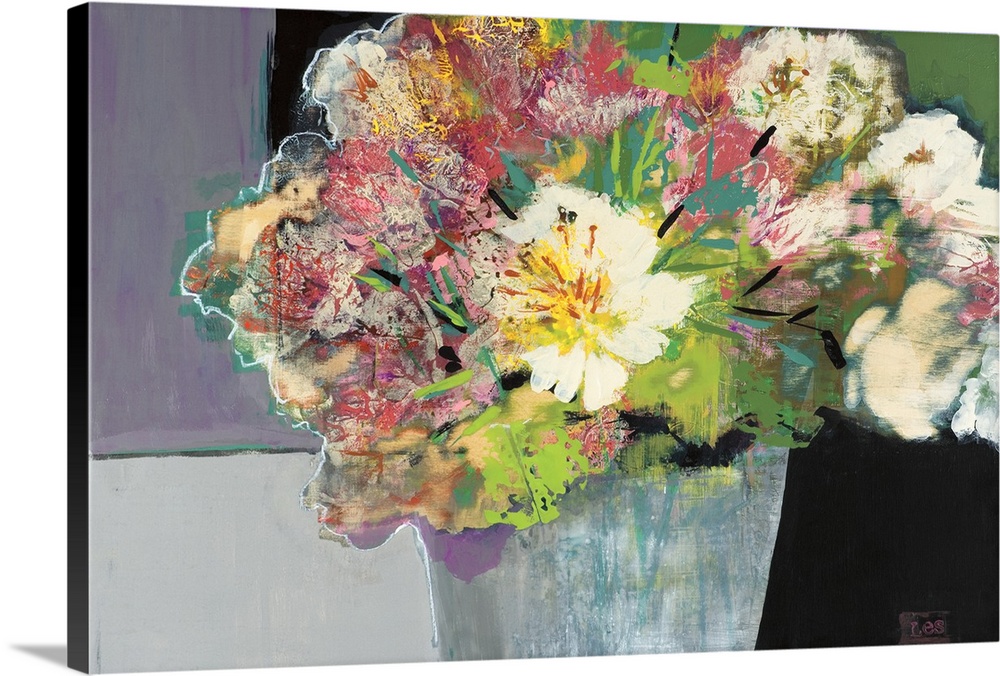 A modern abstract painting of a bouquet of multi-colored flowers in a gray vase.