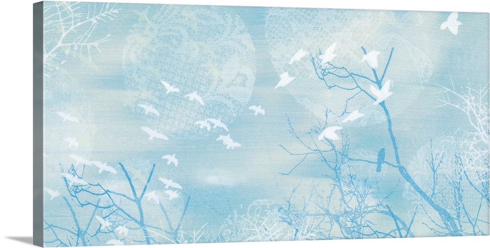 A mixed media design of birds in blue and white among trees with circular lace shapes in the background.