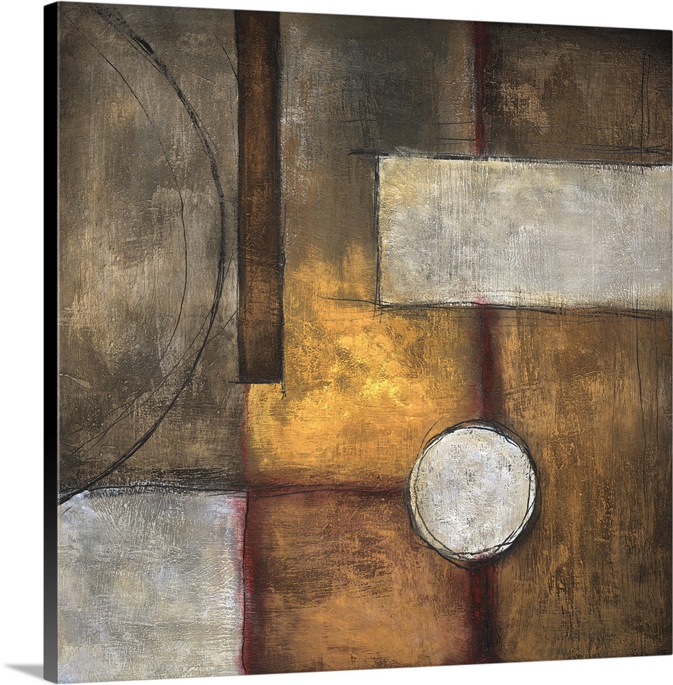 Abstract painting of squared shapes, overlapped with circular elements, done in textured earth tones.