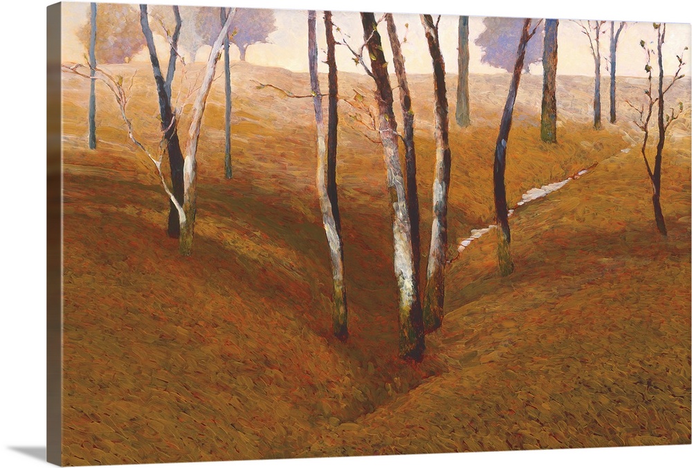 Horizontal landscape of a group of bare trees in fall done with short, small brush strokes.