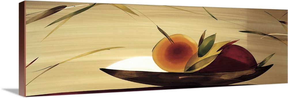 A long horizontal painting in a modern design of fruit in a bowl on a neutral backdrop.