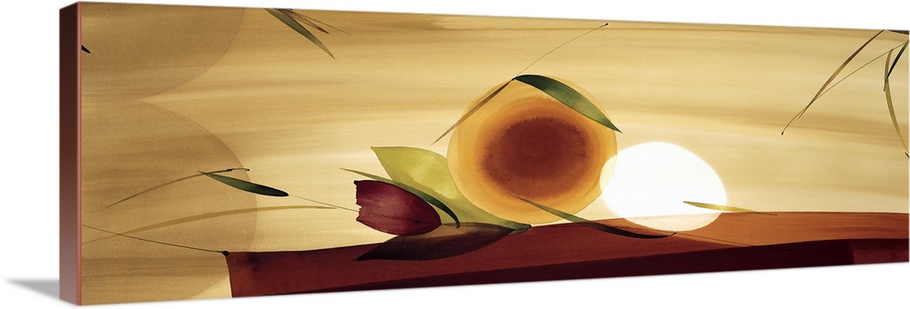A long horizontal painting in a modern design of fruit in a bowl on a neutral backdrop.