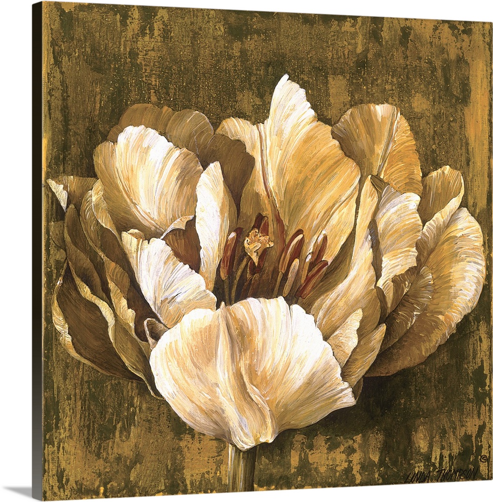 Contemporary painting of a large blooming flower in shades of white, brown and green.