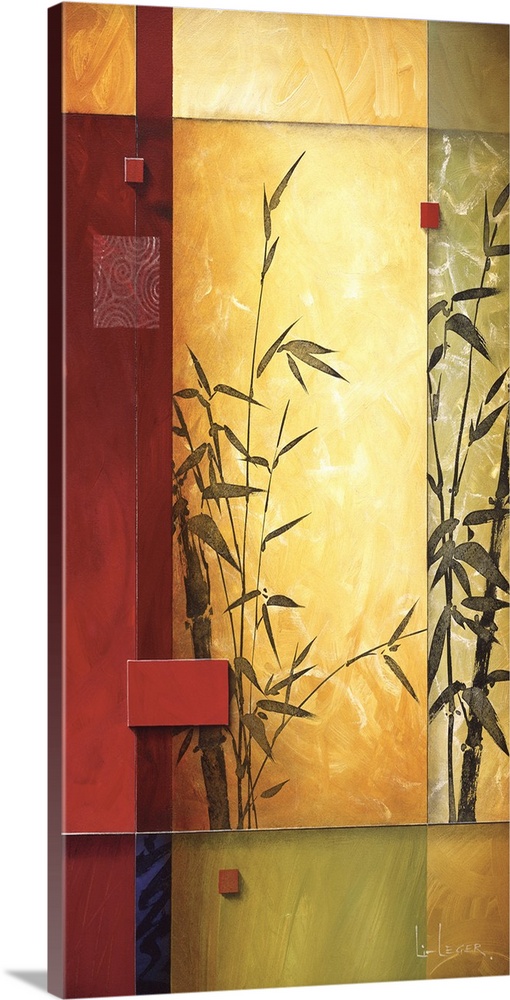 A contemporary painting of bamboo bordered with a square grid design.