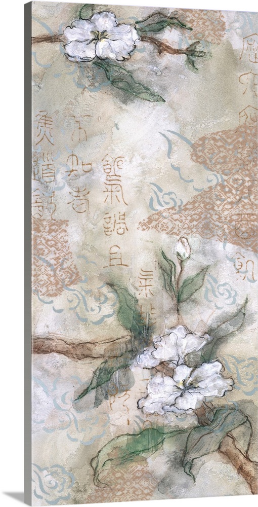 An Asian inspired vertical artwork of white cherry blossoms with Chinese calligraphy overlapping.