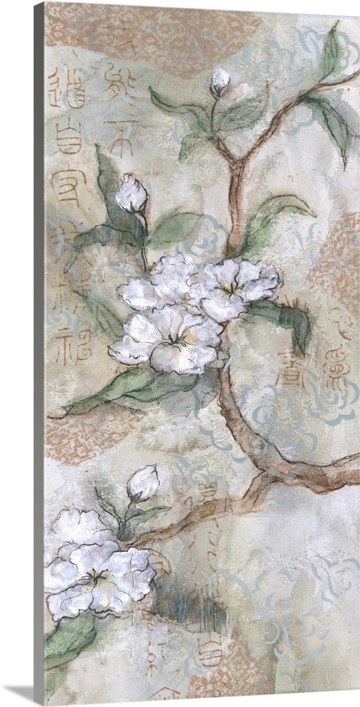 An Asian inspired vertical artwork of white cherry blossoms with Chinese calligraphy overlapping.