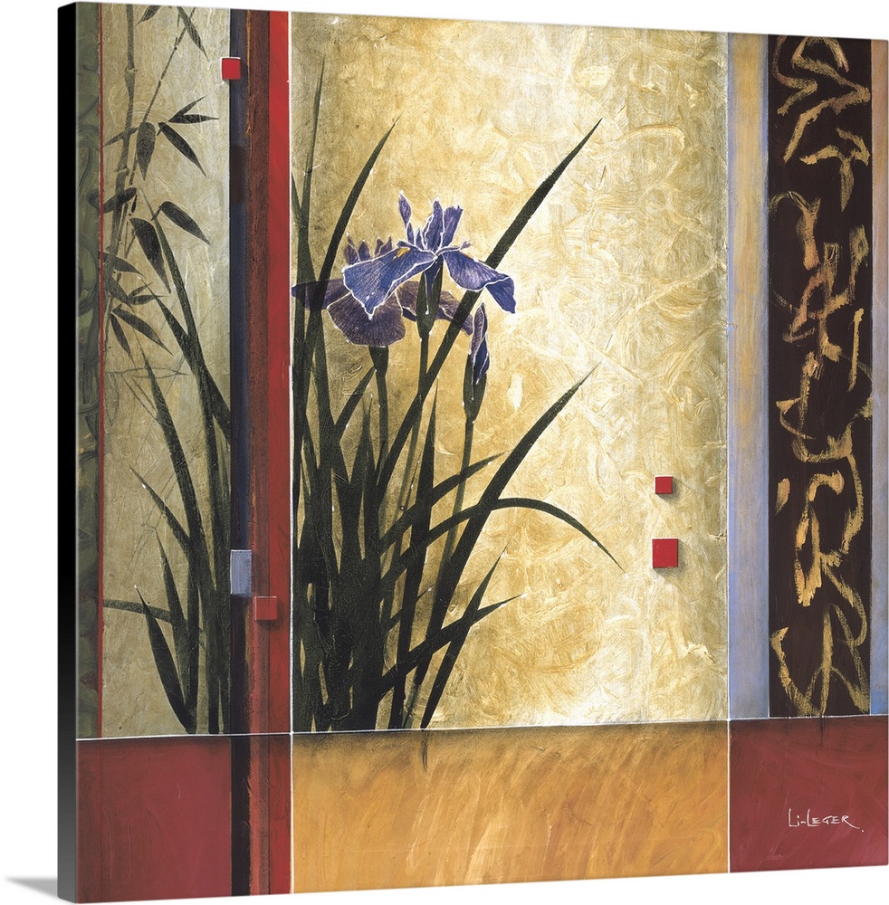 A contemporary Asian theme painting with irises with a square grid design.