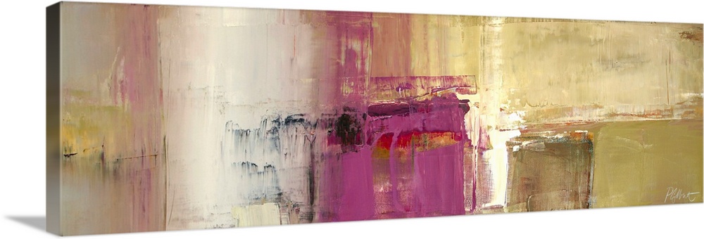 A horizontal abstract painting in textured colors of purple, red and brown in box shapes.