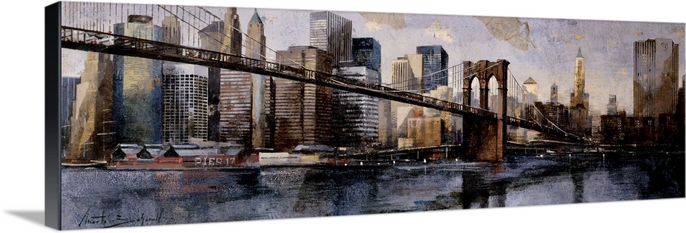 A horizontal painting of Brooklyn Bridge with the New York cityscape behind.