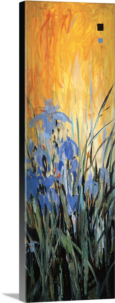 A contemporary painting with blue flowers with long grass and a bright orange background.