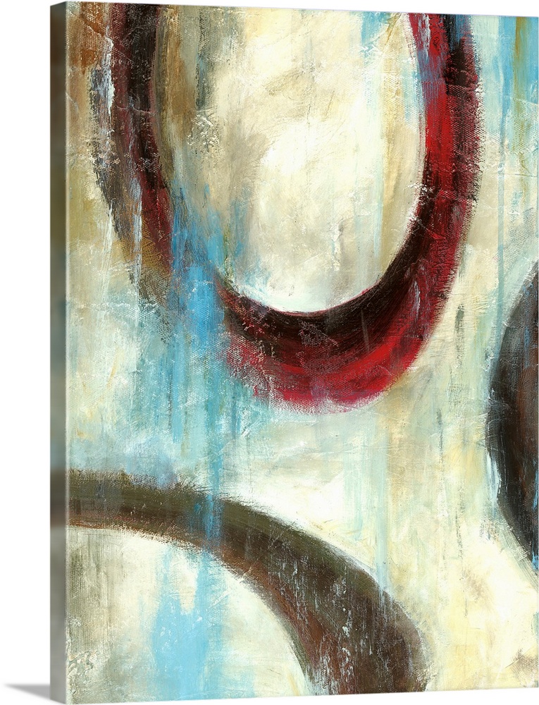 Vertical painting of muted textured colors with circular rings overlapping.