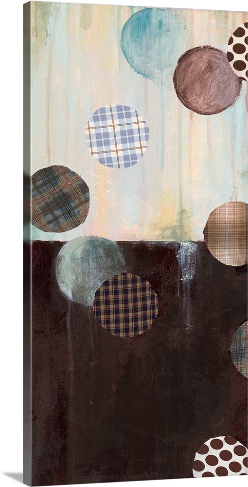 Abstract painting of brown and cream with circular shapes in plaid patterns overlapping.