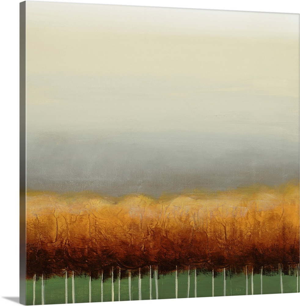 Square painting of a grove of golden trees with a green background and a wide gray sky above.