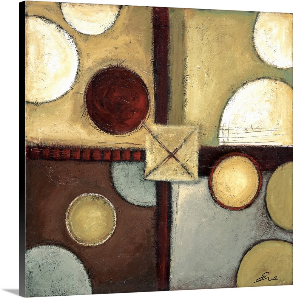 Abstract painting of squared shapes overlapped with circular and "x" elements all done in earth tones.