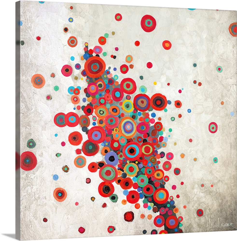 Square painting of a group of multi-colored circles against a neutral backdrop.